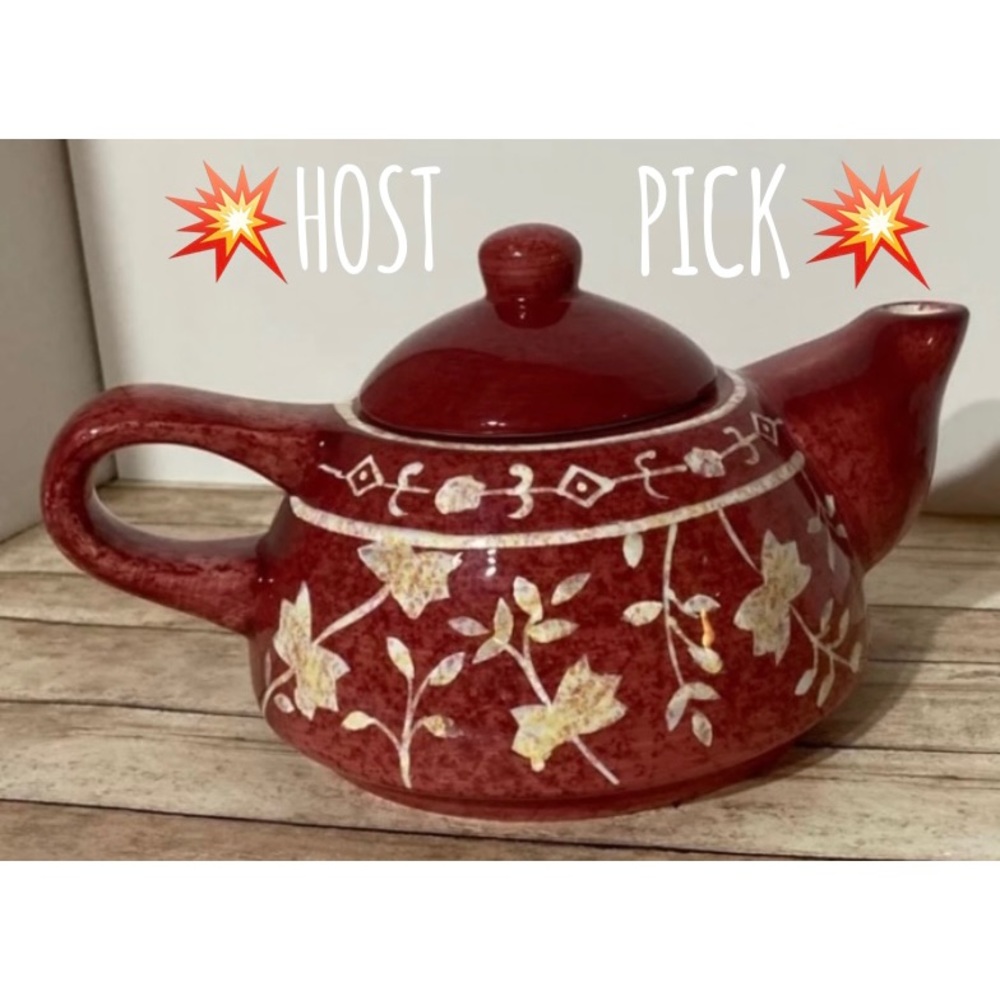 💥HOST PICK💥Hand Painted Squat 3 3/4” Tea Pot+Lid - Red Brown/Tan ~Some Crazing